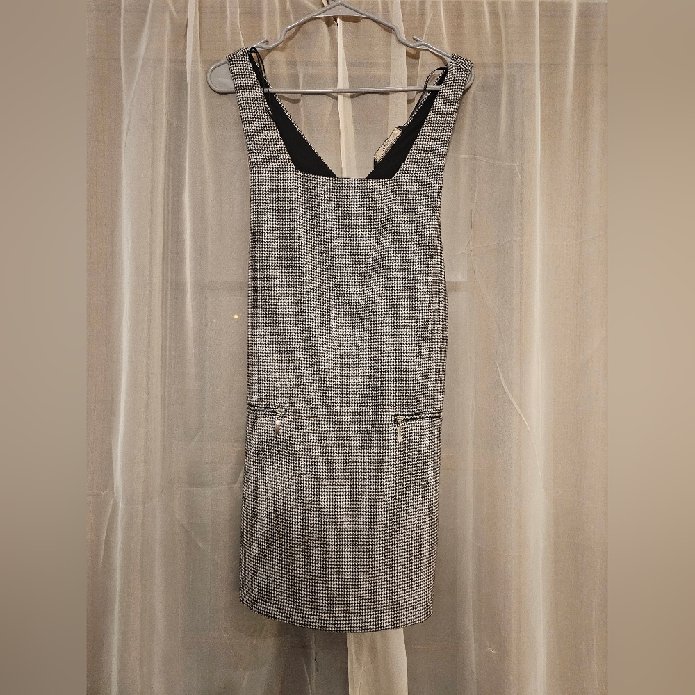 Zara Black and White Houndstooth Pinafore Dress With Pockets